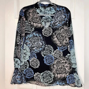 Zac & Rachel Black Light Weight Floral Print Choker Neck Blouse Size L
